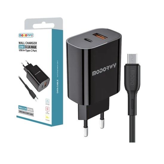 Modorwy PD Wall Charger MA1114 USB+Type-C with Micro Cable 5V 3.1A Black